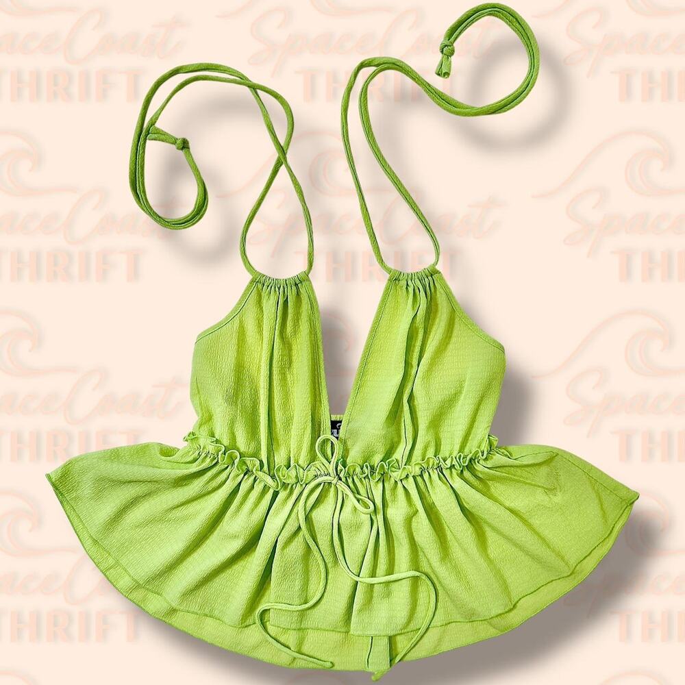 Gauzy Green Halter Top – Y2K Style Festival Clubwear Stretchy Crop Tank – Medium
